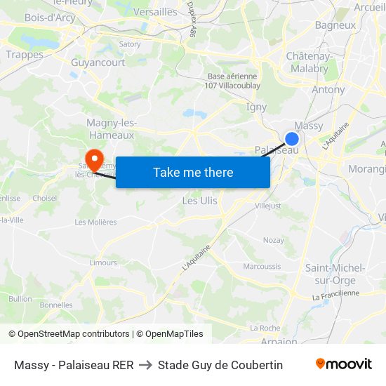 Massy - Palaiseau RER to Stade Guy de Coubertin map