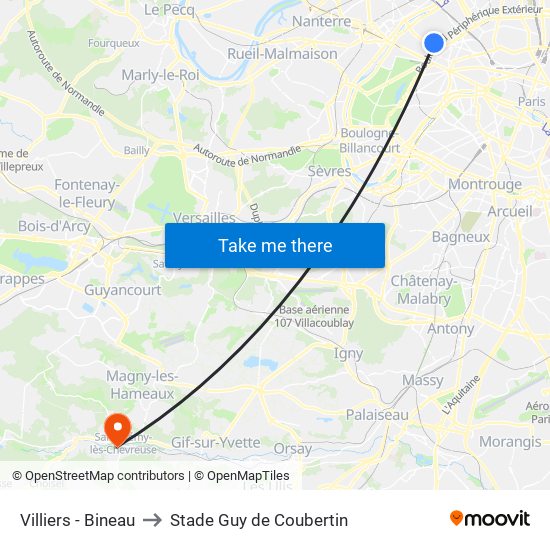 Villiers - Bineau to Stade Guy de Coubertin map