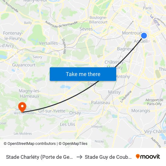 Stade Charléty (Porte de Gentilly) to Stade Guy de Coubertin map