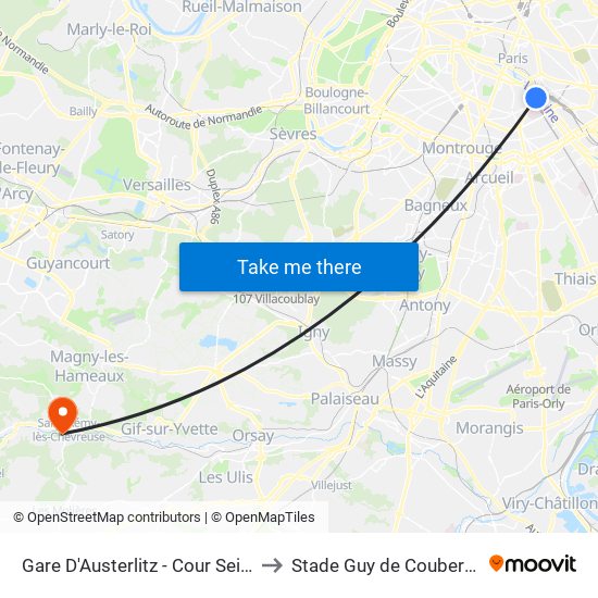 Gare D'Austerlitz - Cour Seine to Stade Guy de Coubertin map