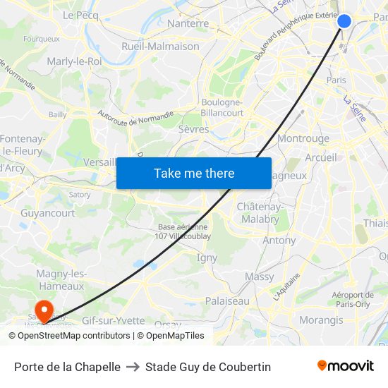 Porte de la Chapelle to Stade Guy de Coubertin map