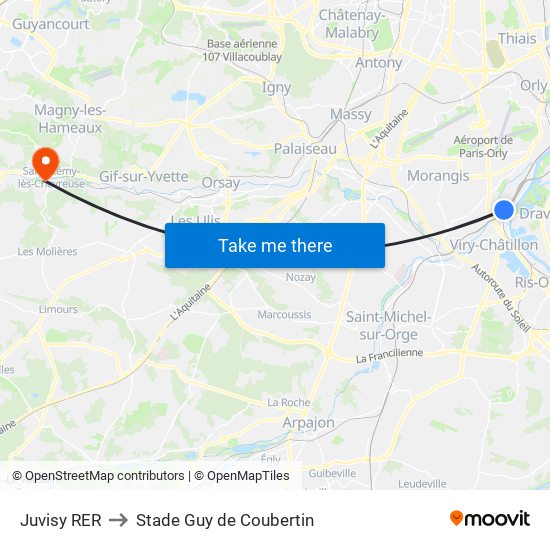 Juvisy RER to Stade Guy de Coubertin map