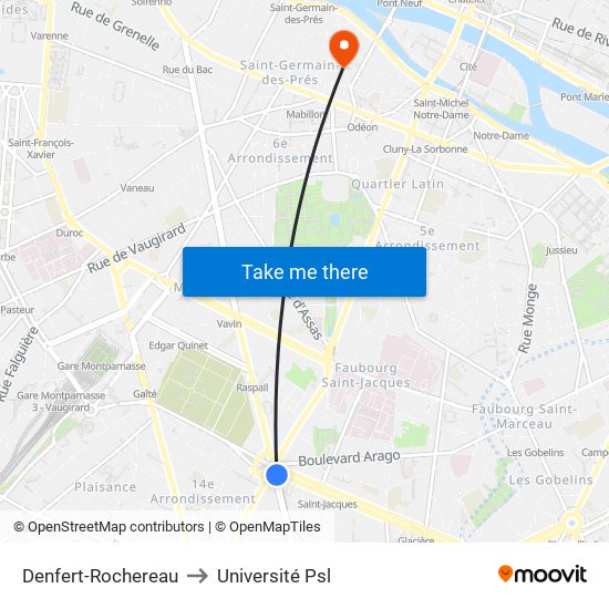 Denfert-Rochereau to Université Psl map