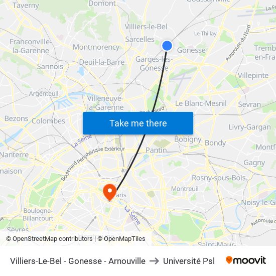 Villiers-Le-Bel - Gonesse - Arnouville to Université Psl map