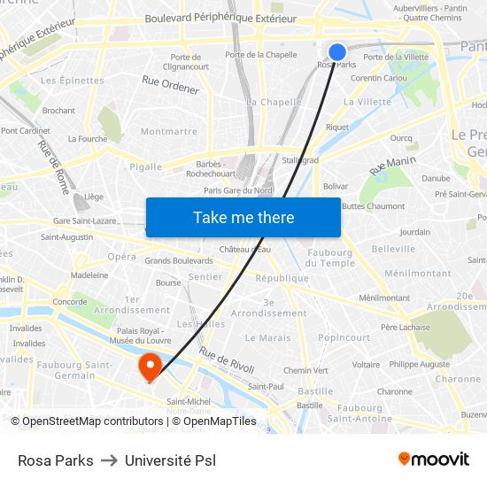 Rosa Parks to Université Psl map