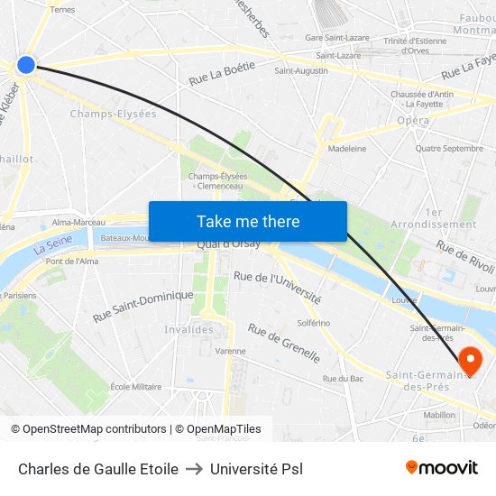 Charles de Gaulle Etoile to Université Psl map