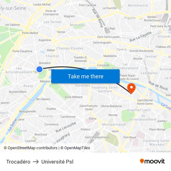 Trocadéro to Université Psl map