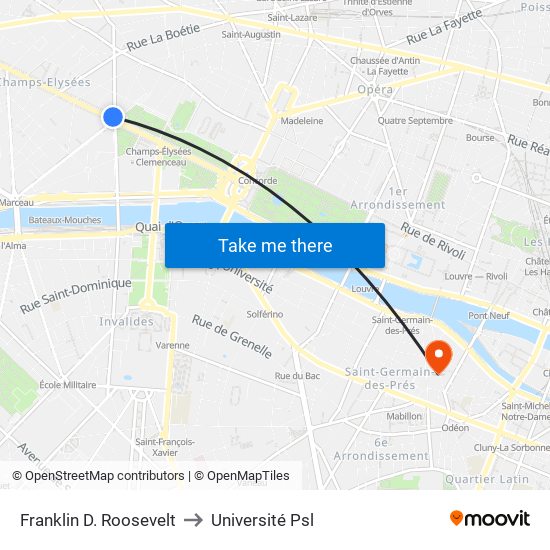 Franklin D. Roosevelt to Université Psl map