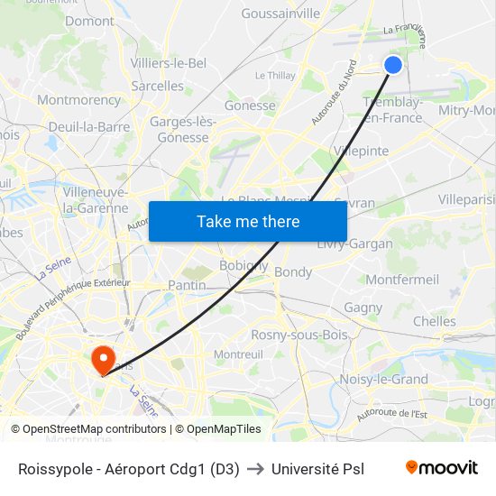 Roissypole - Aéroport Cdg1 (D3) to Université Psl map