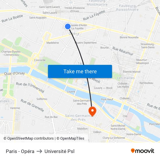 Paris - Opéra to Université Psl map