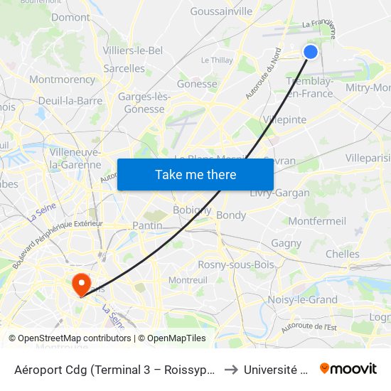 Aéroport Cdg (Terminal 3 – Roissypôle) to Université Psl map