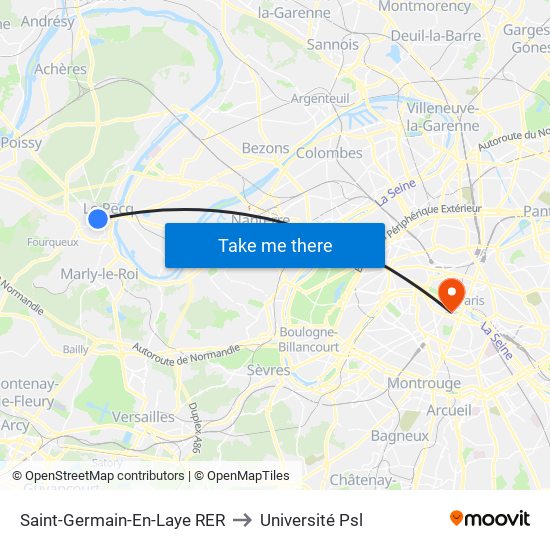 Saint-Germain-En-Laye RER to Université Psl map