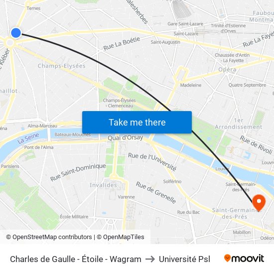 Charles de Gaulle - Étoile - Wagram to Université Psl map