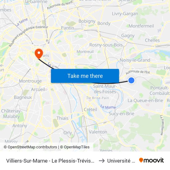 Villiers-Sur-Marne - Le Plessis-Trévise RER to Université Psl map