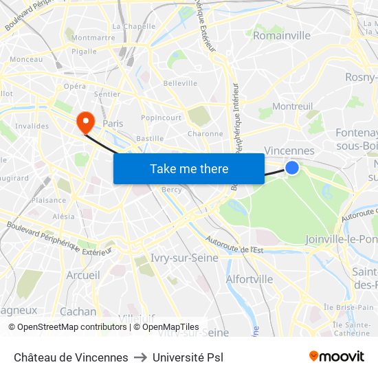 Château de Vincennes to Université Psl map
