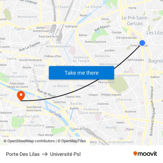 Porte Des Lilas to Université Psl map