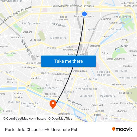 Porte de la Chapelle to Université Psl map