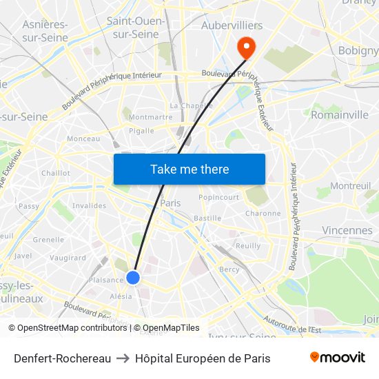 Denfert-Rochereau to Hôpital Européen de Paris map