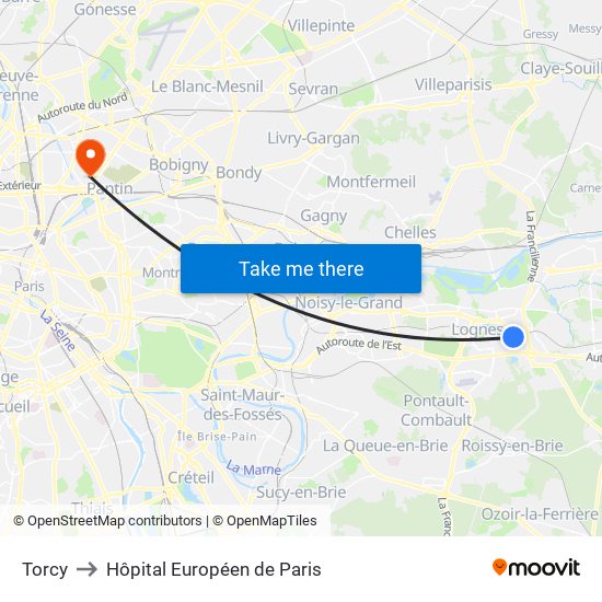 Torcy to Hôpital Européen de Paris map