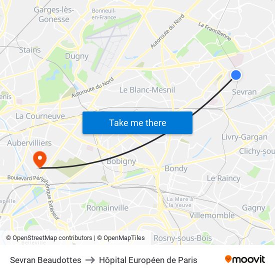 Sevran Beaudottes to Hôpital Européen de Paris map