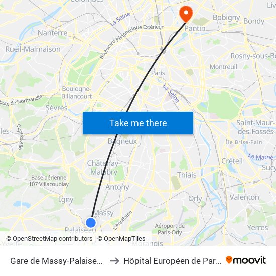 Gare de Massy-Palaiseau to Hôpital Européen de Paris map