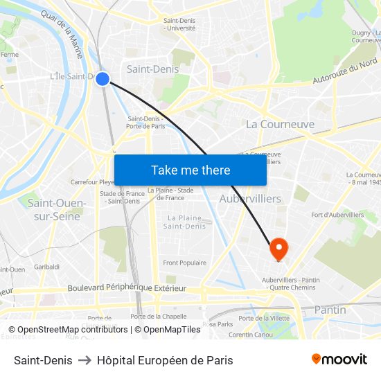 Saint-Denis to Hôpital Européen de Paris map