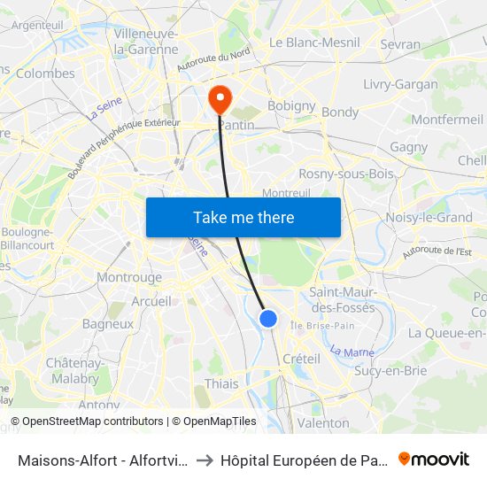 Maisons-Alfort - Alfortville to Hôpital Européen de Paris map