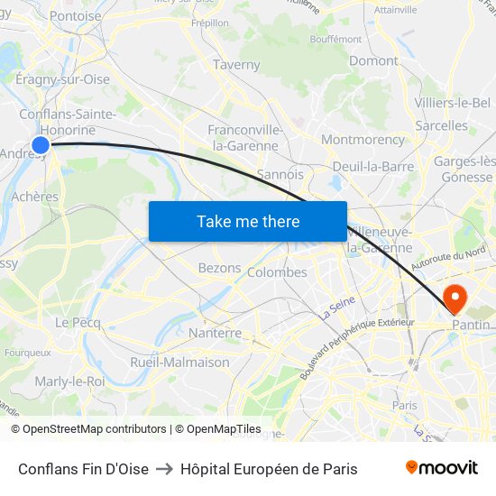 Conflans Fin D'Oise to Hôpital Européen de Paris map
