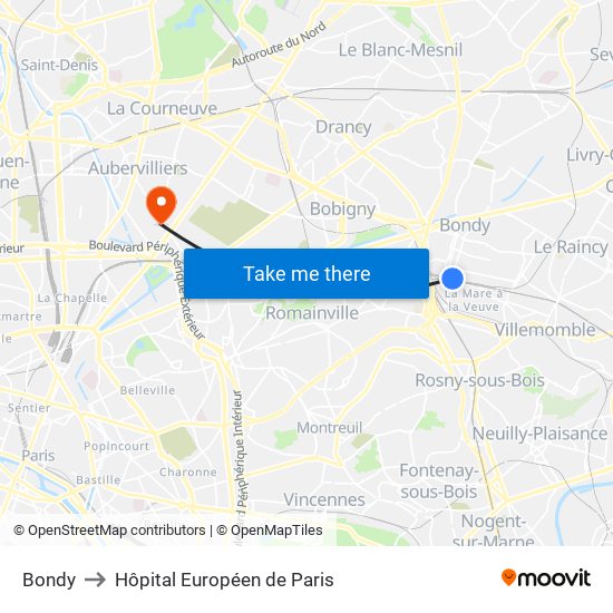 Bondy to Hôpital Européen de Paris map