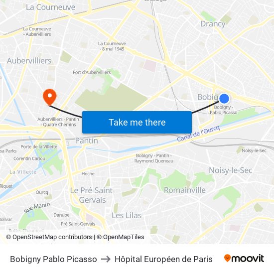 Bobigny Pablo Picasso to Hôpital Européen de Paris map