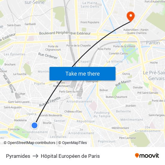 Pyramides to Hôpital Européen de Paris map