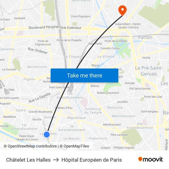 Châtelet Les Halles to Hôpital Européen de Paris map