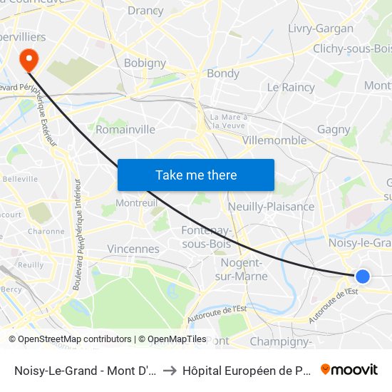 Noisy-Le-Grand - Mont D'Est to Hôpital Européen de Paris map