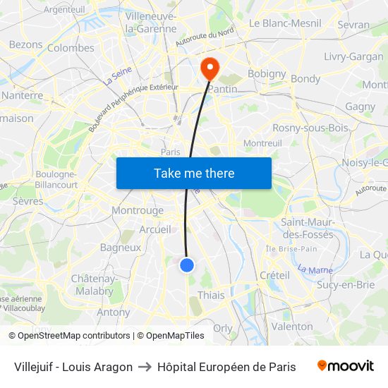 Villejuif - Louis Aragon to Hôpital Européen de Paris map