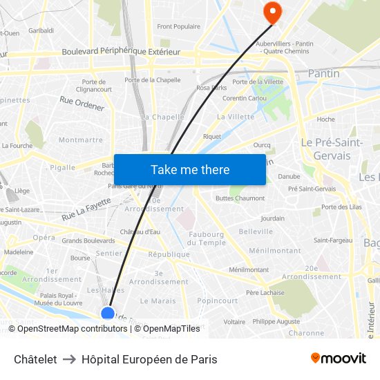 Châtelet to Hôpital Européen de Paris map