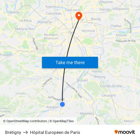 Brétigny to Hôpital Européen de Paris map