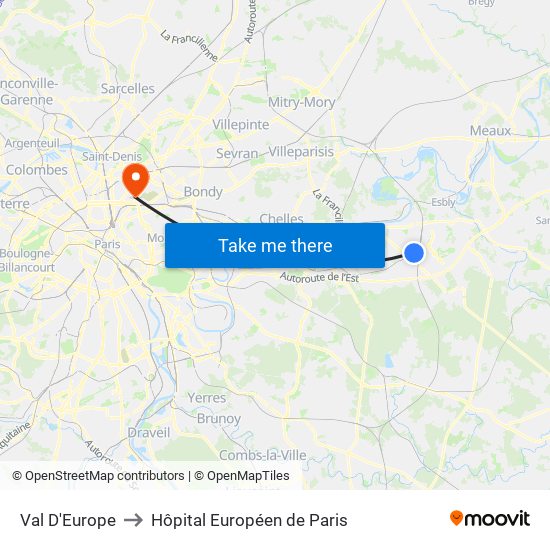 Val D'Europe to Hôpital Européen de Paris map