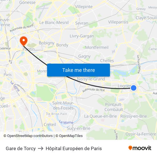 Gare de Torcy to Hôpital Européen de Paris map