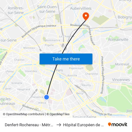 Denfert-Rochereau - Métro-Rer to Hôpital Européen de Paris map