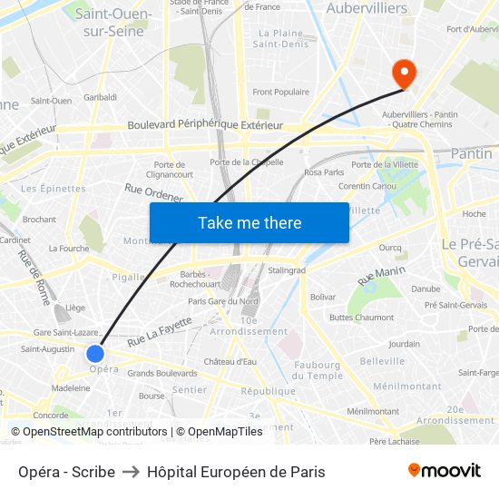 Opéra - Scribe to Hôpital Européen de Paris map