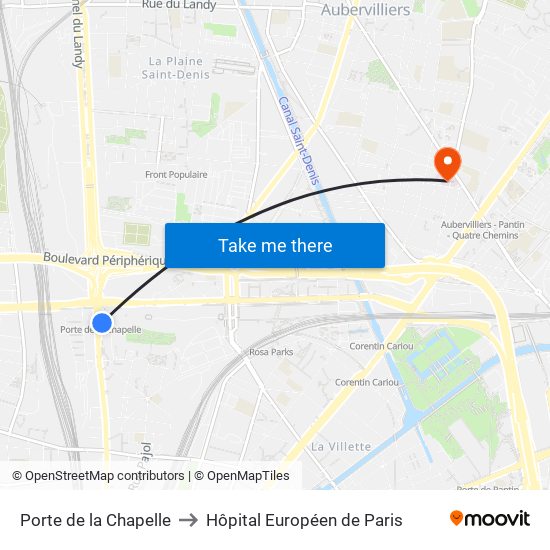 Porte de la Chapelle to Hôpital Européen de Paris map