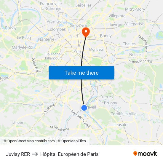 Juvisy RER to Hôpital Européen de Paris map