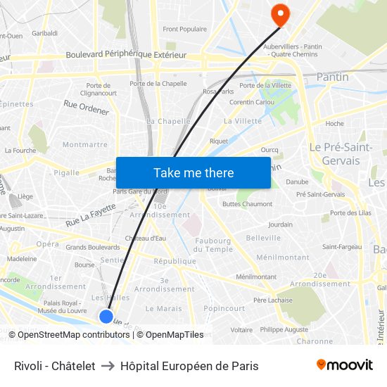 Rivoli - Châtelet to Hôpital Européen de Paris map