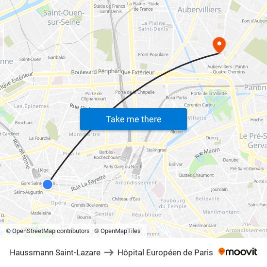 Haussmann Saint-Lazare to Hôpital Européen de Paris map