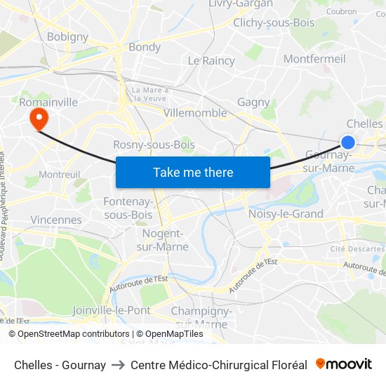Chelles - Gournay to Centre Médico-Chirurgical Floréal map