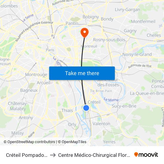Créteil Pompadour to Centre Médico-Chirurgical Floréal map
