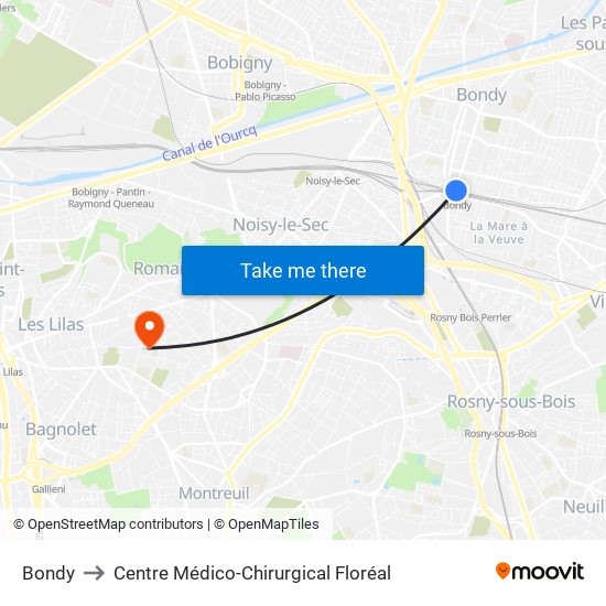 Bondy to Centre Médico-Chirurgical Floréal map