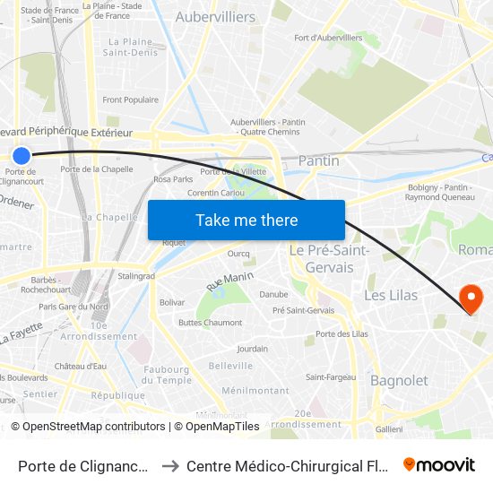 Porte de Clignancourt to Centre Médico-Chirurgical Floréal map