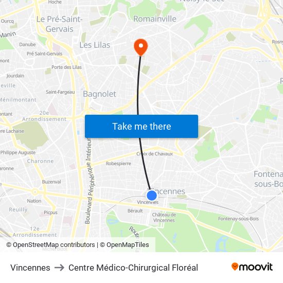 Vincennes to Centre Médico-Chirurgical Floréal map