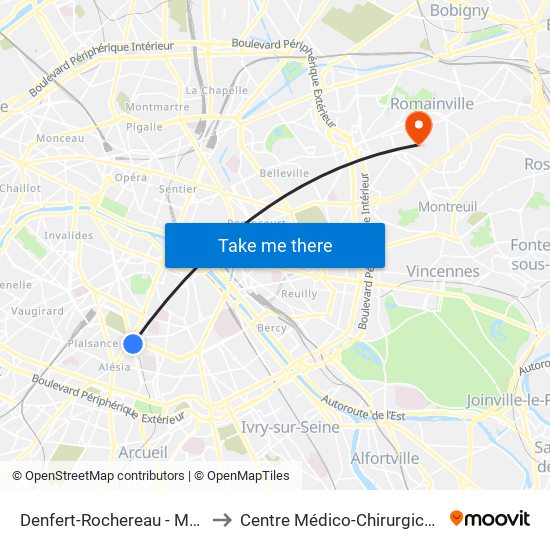 Denfert-Rochereau - Métro-Rer to Centre Médico-Chirurgical Floréal map